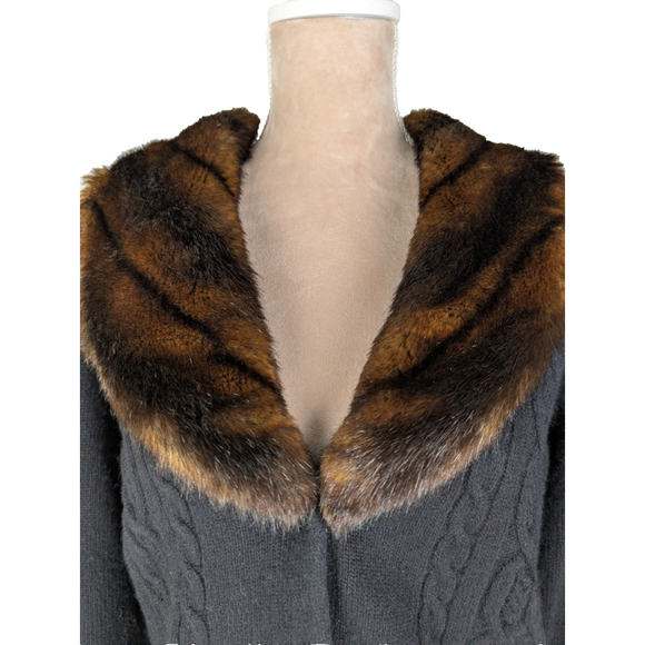 Lauren Ralph Lauren Cable Knit Cardigan Sweater M Black Old Money Equestrian Fur - Picture 6 of 10